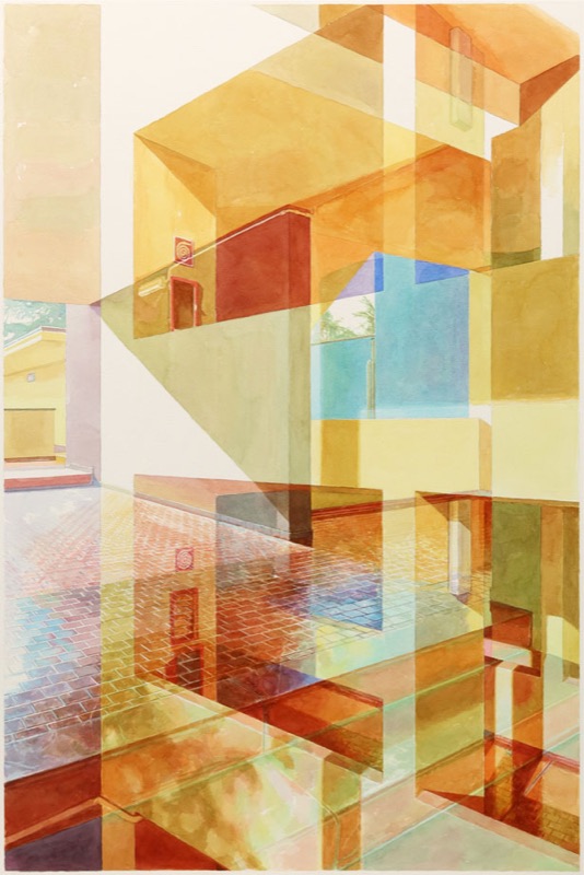 Aquarell: Übereinandergelegte Flächen in Gelb, Orange und Blau: Gebäudeteile und ein gefliester Boden, der sich spiegelt.