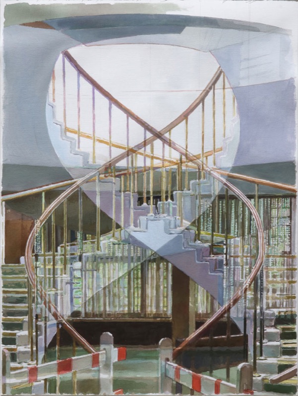 Acrylbild: Wendeltreppe, deren Handläufe sich wie eine Doppelspirale kreuzen, unten rot-weiße Absperrungen.