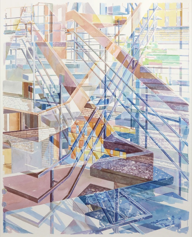 Aquarell: Dicht überlagerte Treppenläufe und blaue Metallgeländer in Blau, Rosa und Braun.