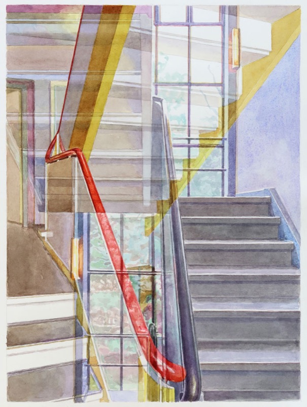 Aquarell: Treppenhaus mit grauen Stufen und rotem Handlauf, dahinter hohe Fenster und gelbe Streifen.
