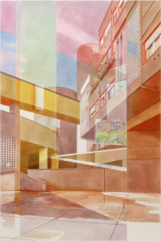 Aquarell: Hohes Wohnhaus mit Balkonen in Rot und Rosa, links ein Gang mit Rundbogen, unten nasser Steinboden.