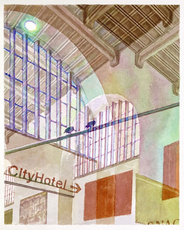 Aquarell: Blick unter das Dach einer Halle mit blauen Sprossenfenstern, auf einem Balken sitzen zwei Tauben, links steht "CityHotel" mit Pfeil.