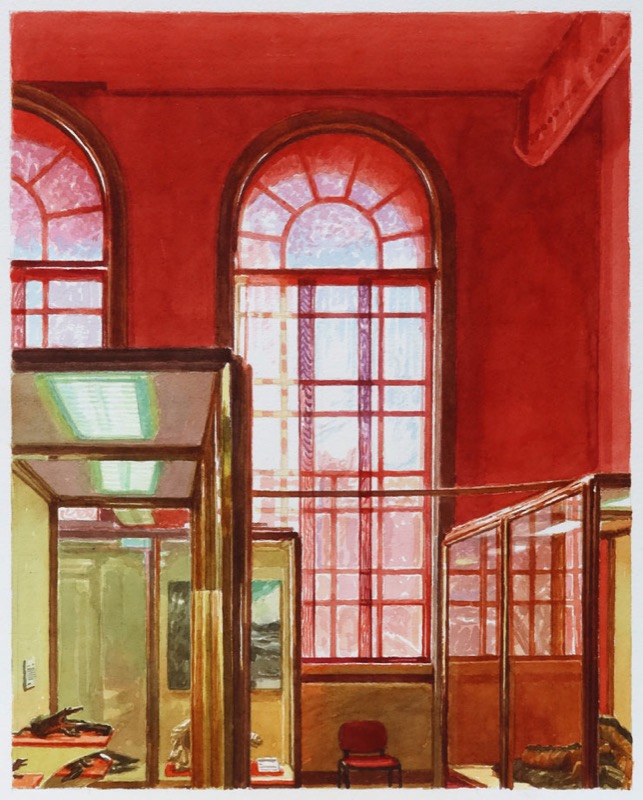 Aquarell: Roter Ausstellungsraum mit hohen Bogenfenstern und Vitrinen, unten ein roter Stuhl.