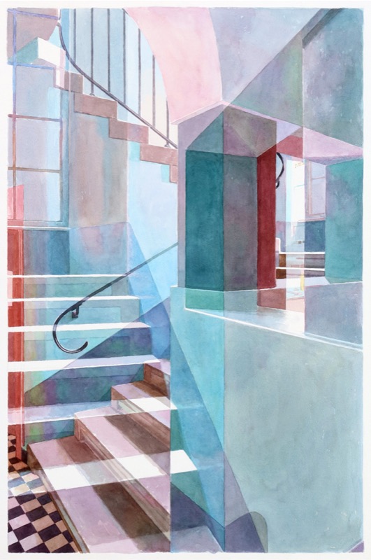 Aquarell: Treppenhaus mit Geländer und Stufen im Streiflicht, Wände in Blau, Grün und Rosa, unten links ein schwarz-weißer Fliesenboden.