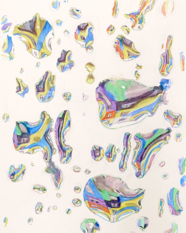 Aquarell: Nahaufnahme von Wassertropfen auf einer Scheibe, in denen sich gelbe, blaue, violette und orangefarbene Flächen spiegeln.