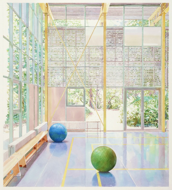 Aquarell: Lichtdurchflutete Halle mit Glasfassade und gelben Stützen, auf dem Boden liegen ein blauer und ein grüner Gymnastikball.