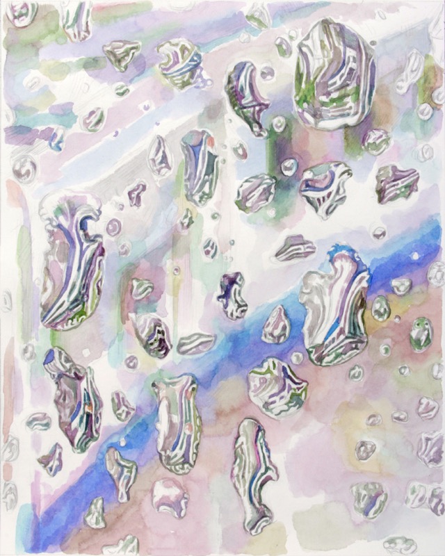 Aquarell: Wassertropfen auf einer Scheibe vor zarten Streifen in Blau, Rosa, Grün und Violett.