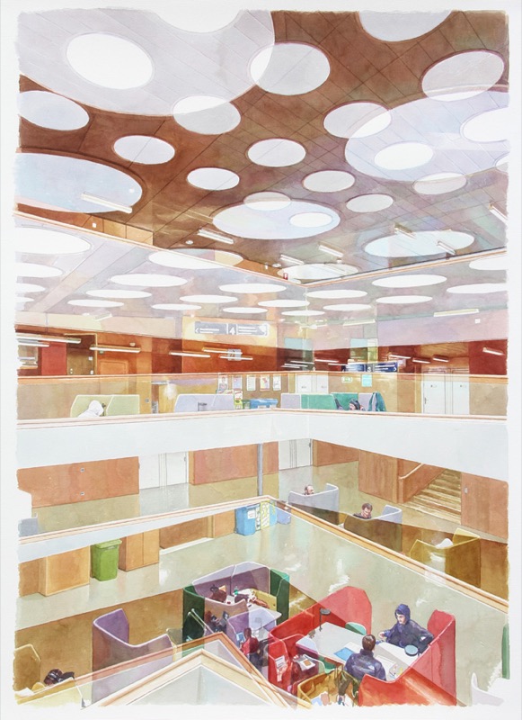 Aquarell: Halle mit braunem Deckenrelief voller heller Kreise, darunter zwei Galerien und Sitznischen, in denen Menschen arbeiten.