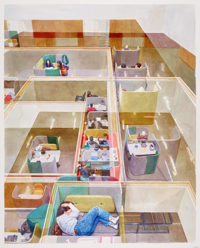 Aquarell: Blick von oben in ein Großraumbüro mit vielen Sitznischen, in denen Menschen arbeiten, unten liegt eine Person auf einem Sofa.