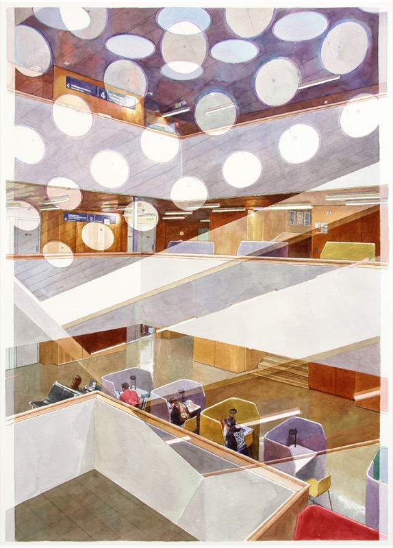Aquarell: Blick in eine mehrgeschossige Halle mit runden Deckenlichtern, im Vordergrund Sitznischen in Gelb, Violett und Rot.