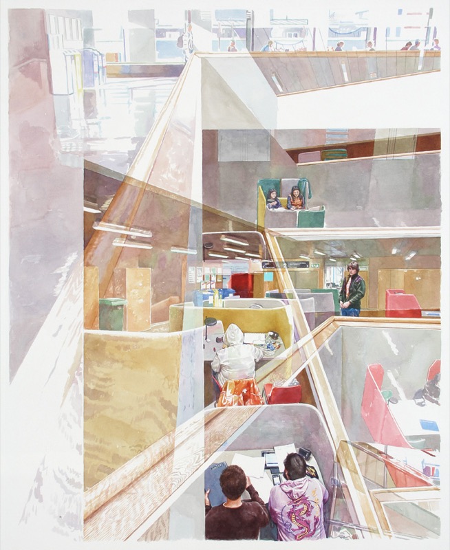 Aquarell: Halle von oben gesehen, durch Glasbrüstungen überlagert, unten sitzen zwei Personen über Unterlagen, oben Sitzgruppen in Grün, Gelb und Rot.