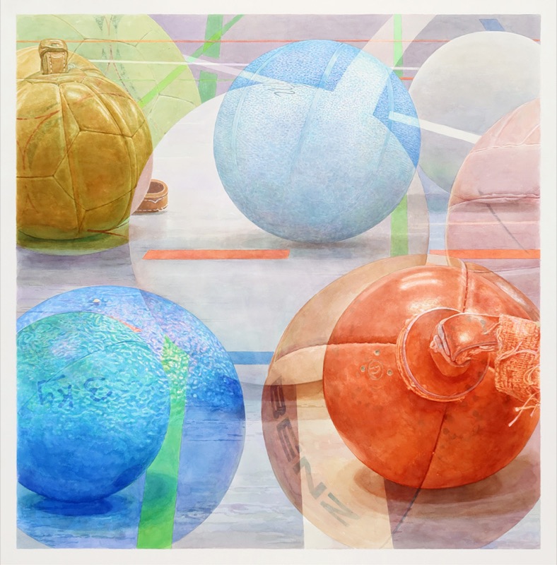 Aquarell: Nahaufnahme von Bällen in Blau, Orange, Gelb und Weiß, die sich durchsichtig überlagern.