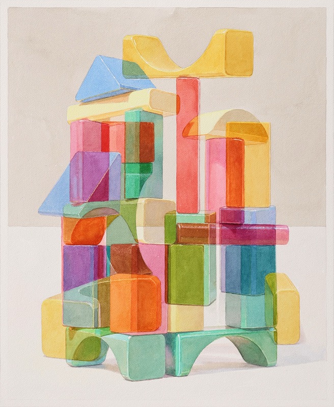 Aquarell: Ein dichter Turm aus durchscheinenden Holzbausteinen in Rosa, Orange, Grün, Gelb und Violett vor beigem Hintergrund, unten eine grüne Brücke.