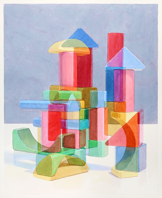 Aquarell: Zwei Türme aus durchscheinenden Holzbausteinen in Rosa, Blau, Rot und Grün vor blauviolettem Hintergrund, unten liegen grüne und gelbe Bögen.