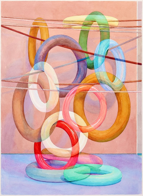Aquarell: Bunte Ringe in Gelb, Braun, Grün, Rosa, Blau und Rot hängen an gespannten Fäden vor rosa Wand, unten liegen mehrere Ringe auf violettem Boden.
