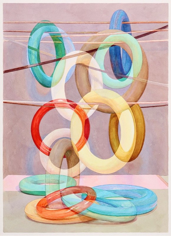 Aquarell: Bunte Ringe in Türkis, Weiß, Braun, Rot und Gelb hängen an gespannten Fäden vor violettgrauer Wand, unten liegen Ringe in Orange, Türkis und Blau auf grauem Boden.
