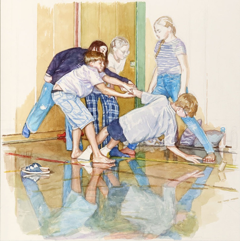 Aquarell: Fünf Kinder beugen sich in einer Turnhalle über den Boden, zwei reichen sich die Hände, ein Kind kniet und stützt sich ab, der glänzende Boden spiegelt sie, links stehen Schuhe.