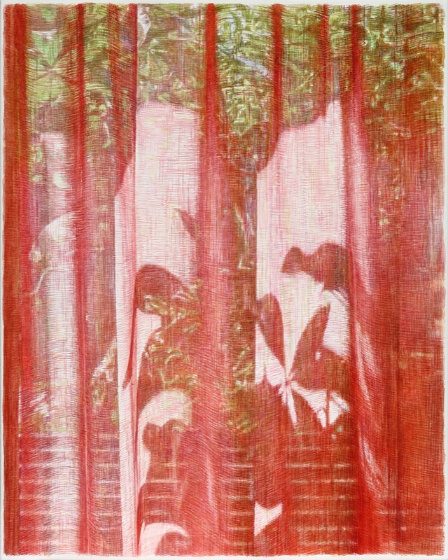 Aquarell: Ein roter, durchscheinender Vorhang, dahinter Zweige und Blätter in Grün und Braun, dicht mit feinen Linien gezeichnet.