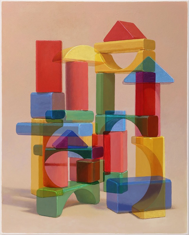 Acrylbild: Ein Turm aus Holzbausteinen in kräftigem Rot, Gelb, Grün und Blau, teils durchscheinend, vor hellem Rosa, unten links ein grüner Bogen.