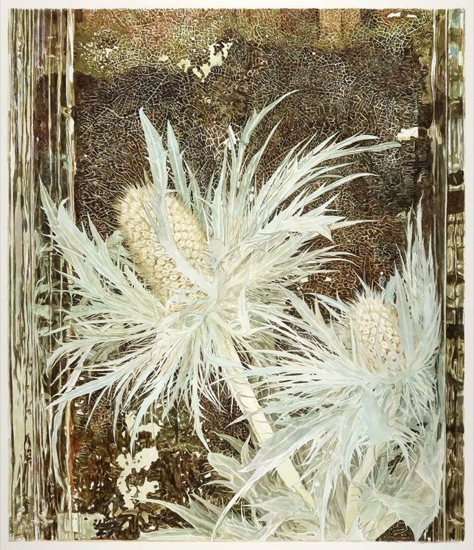 Aquarell: Zwei silbrig-grüne Distelblüten mit langen, spitzen Blättern vor einem braunen, netzartig gemusterten Hintergrund.