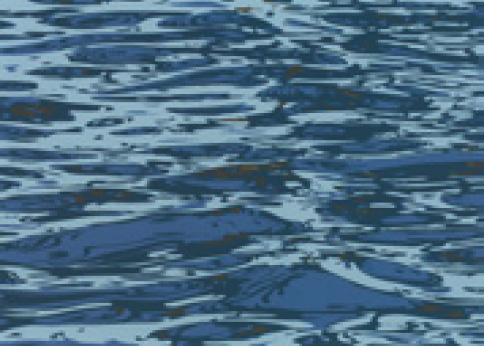 Blau getönte Wasseroberfläche mit Wellen und Lichtreflexen in grafischer, flächiger Darstellung.